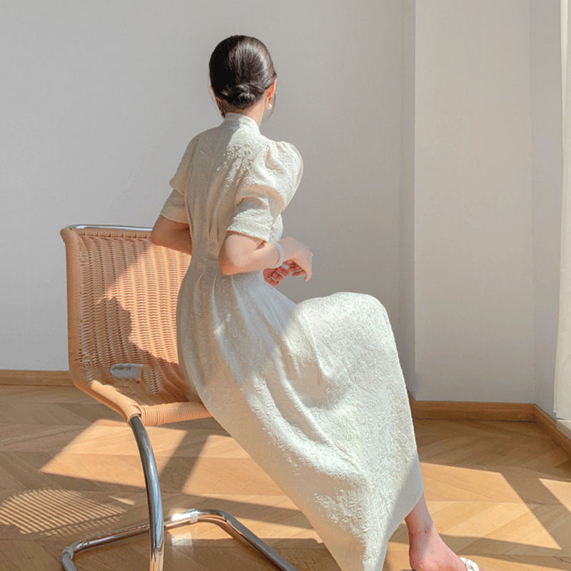 Retro Improved White Cheongsam 2024 Women's Summer New French Dress Short Sleeve Elegant High-Grade Skirt Women Clothes