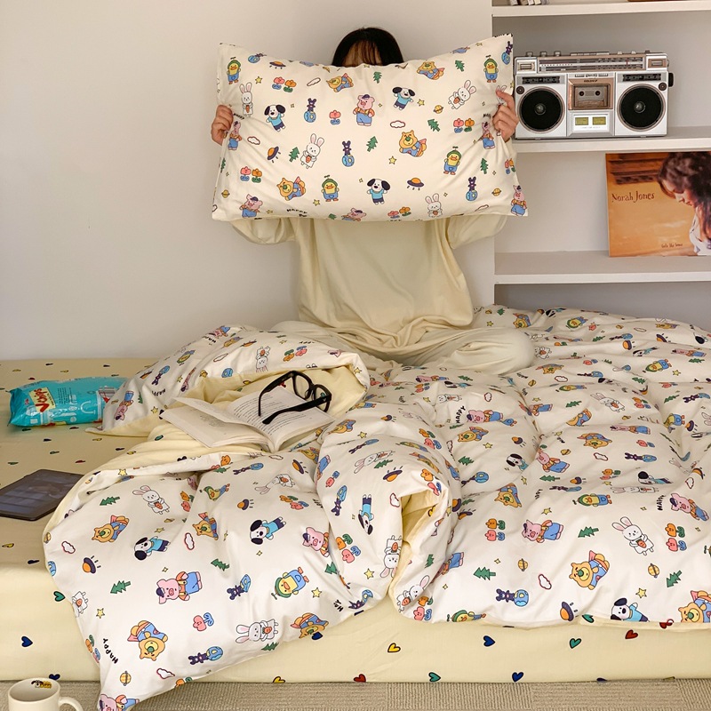 Cartoon Four-Piece Set Cotton 100 Cotton Quilt Cover Bed Sheet Internet Celebrity Student Dormitory Bed Three-Piece Set Quilt Cover Ins Style