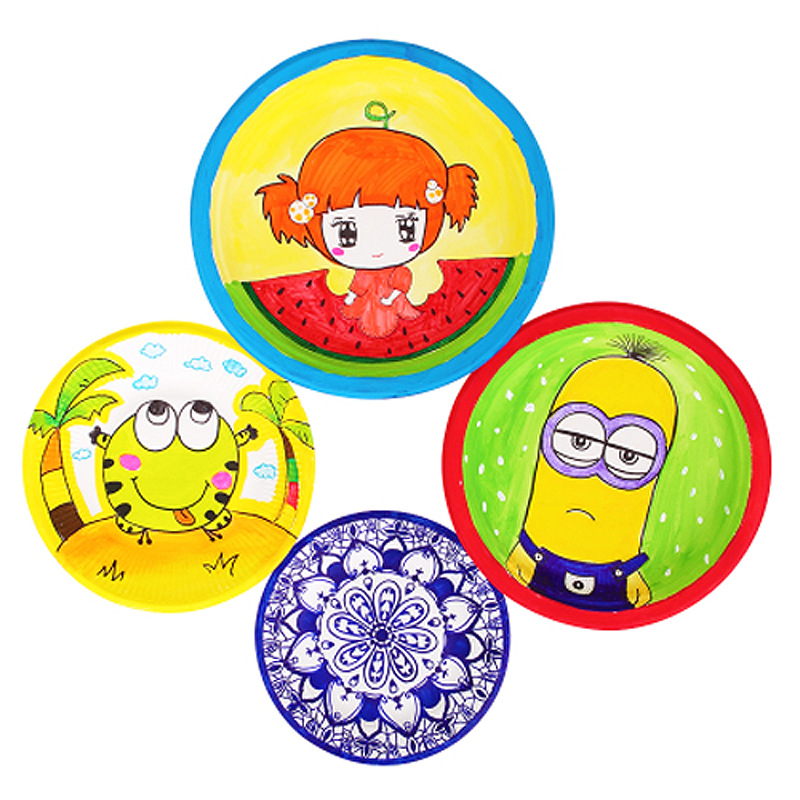 儿童益智卡通可爱一次性纸盘方形圆形蛋糕盘餐具绘画涂鸦白色纸碟