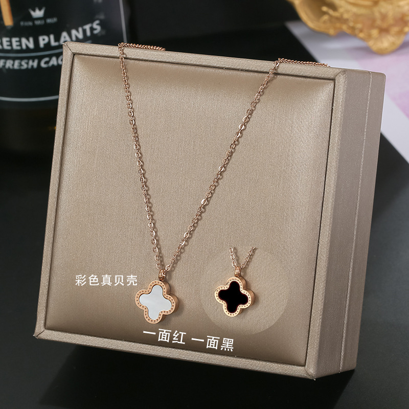 Women's Korean-Style Simple Titanium Steel Necklace 18K Rose Gold Clover Shell Pendant Ins Popular Online Popular Clavicle Chain