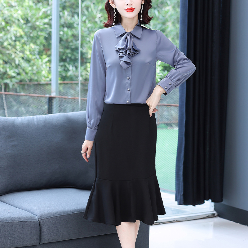 长袖衬衫鱼尾裙套装女装2022新款秋开衫英伦风包臀中长裙子两件套