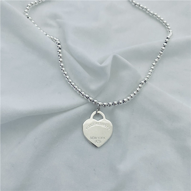 蒂家t家佛珠爱心项链,4mm直径45厘米银色单牌大桃心链