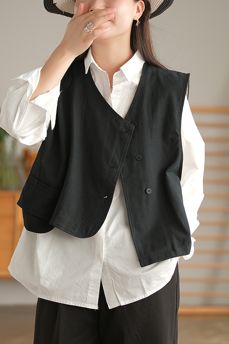 复古棉质无袖宽松马甲外套女春秋新款慵懒风纯色坎肩背心上衣3600