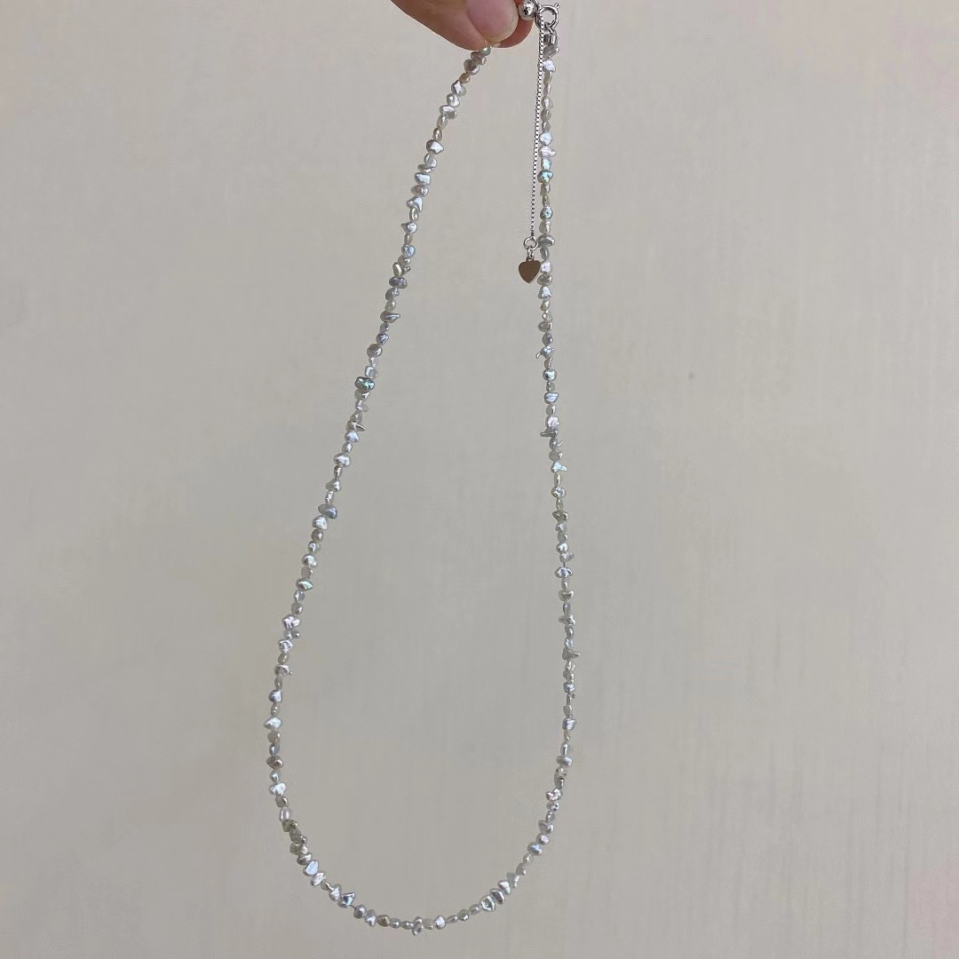 海水keshi珍珠链条野生无核keshi迷你小珍珠银灰色系项链自然馈赠