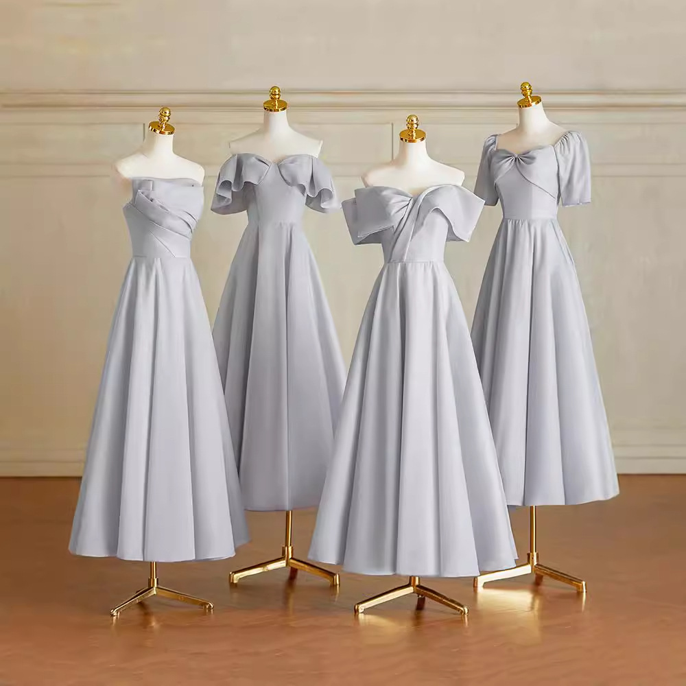 灰蓝色伴娘服新款气质缎面小众显瘦伴娘团礼服日常可直销