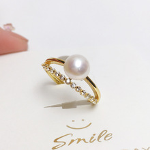 新款淡水珍珠单排锆石戒指女925银珍珠戒指活口百搭白铜镀金直播
