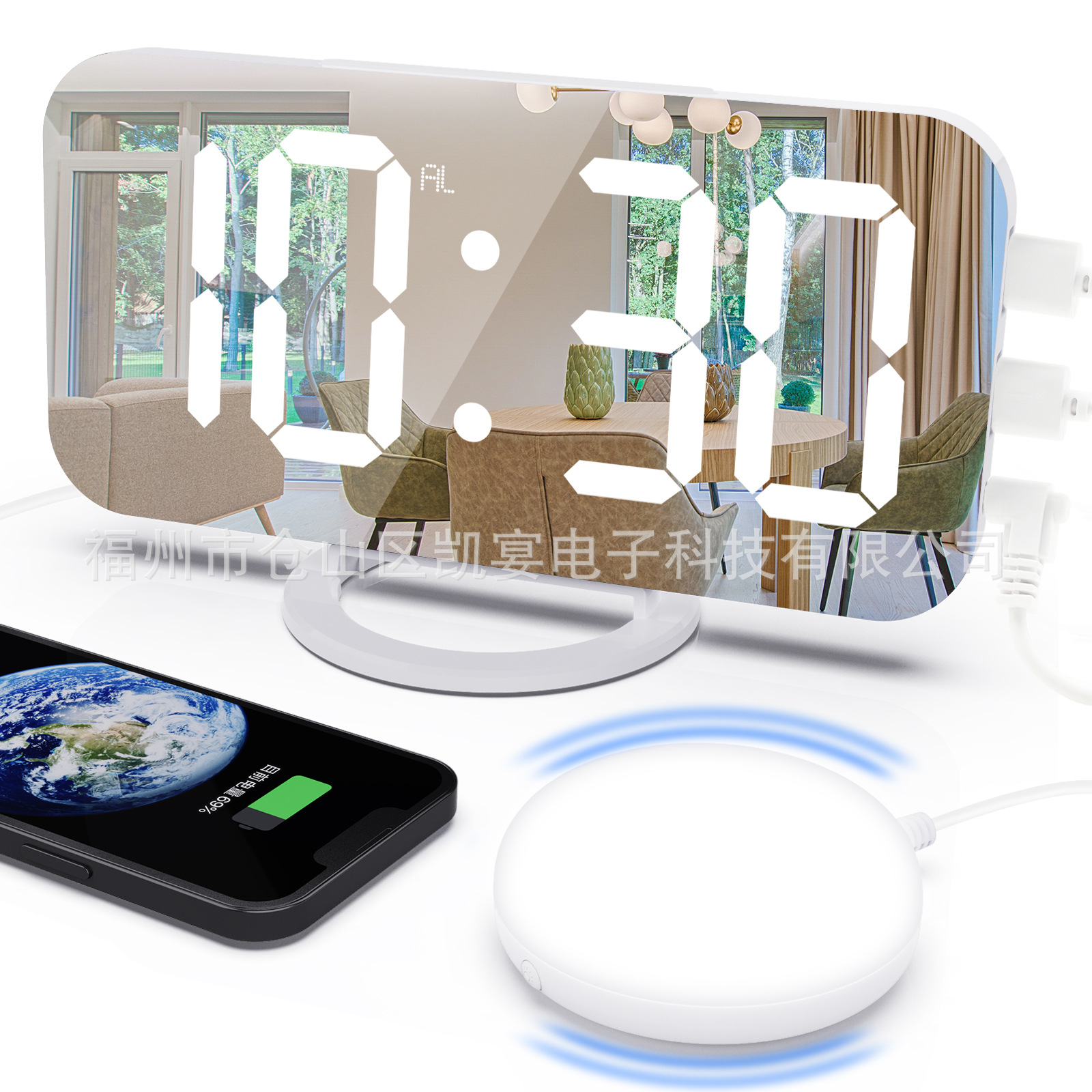 2022 New with Small Night Lamp Vibrator Snooze Alarm Clock Led Mirror Electronic Clock Mirror Clock with USB Charging