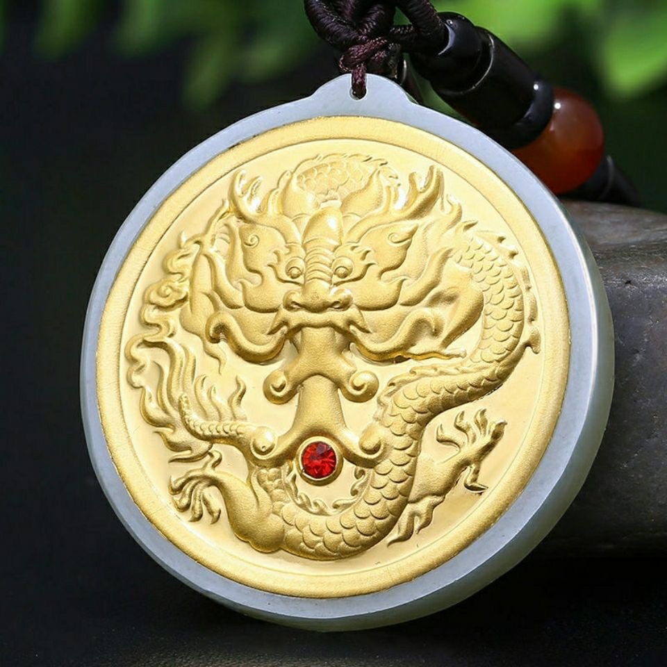 足金和田金镶白玉龙牌吊坠 游龙戏珠吊坠 男款霸气青龙玉牌吊坠