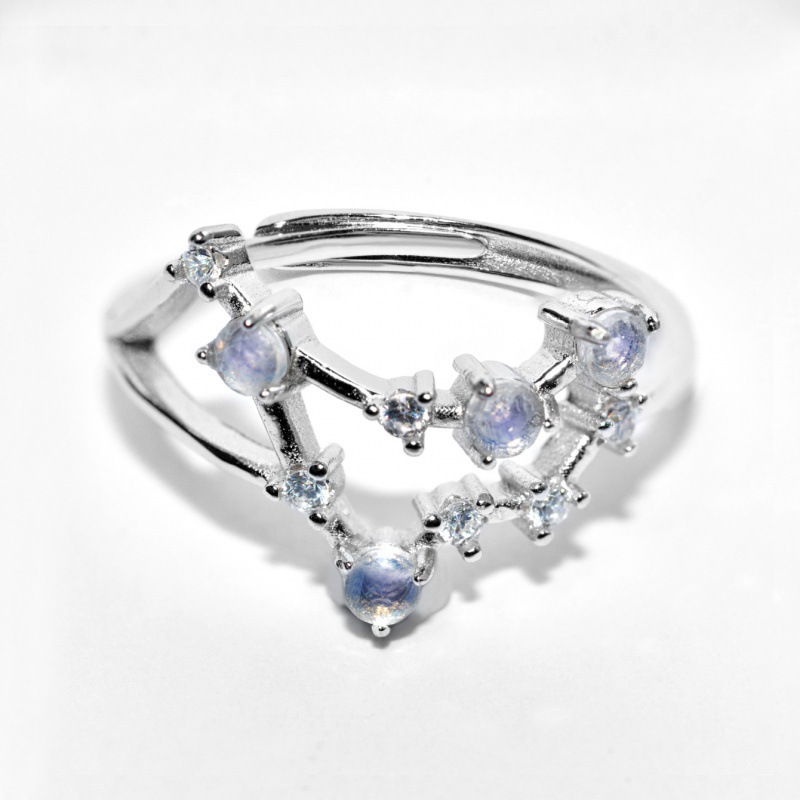 欧美ins网红跨境爆款s925银切面月光石星座摩羯座戒指时尚指环女