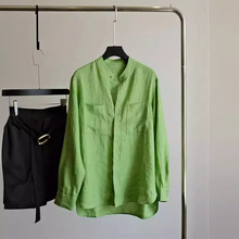 日韩外贸尾货品牌剪标~软亚麻清新青草绿轻松惬意长袖衬衫上衣女