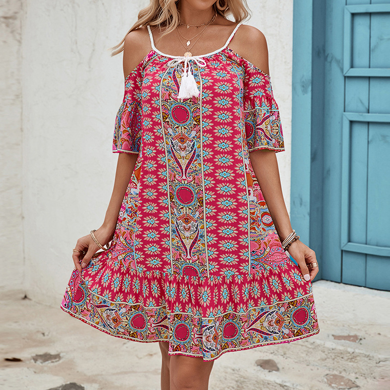 跨境亚马逊新款波西米亚风连衣裙外贸欧美爆款女装吊带露肩印花裙