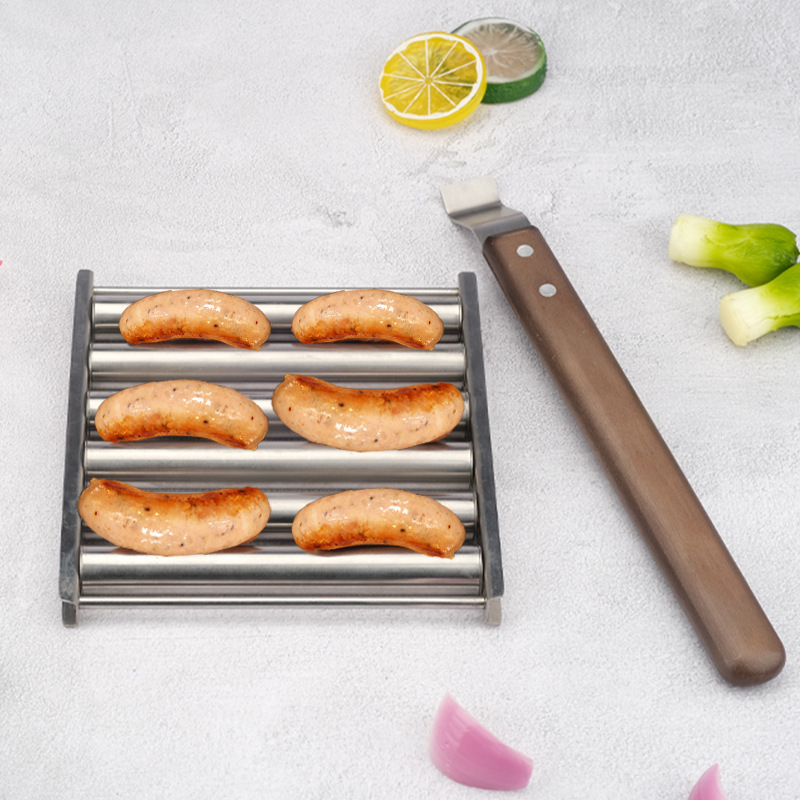 Cross-Border Hot Dog Rack Sausage Barbecue Grill with Wooden Handle Bbq Hot Dog Rack Wholesale Stainless Steel Hot Dog Rack