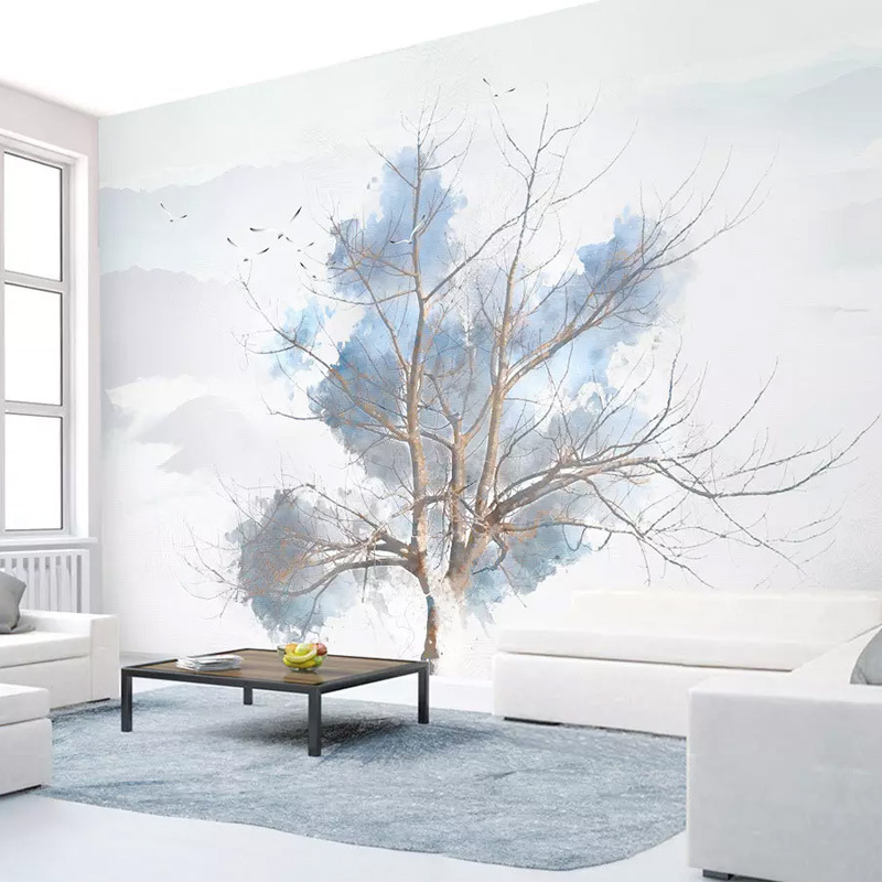 北欧ins风手绘一棵树艺术个性小清新装饰背景墙壁画淡雅墙布壁纸