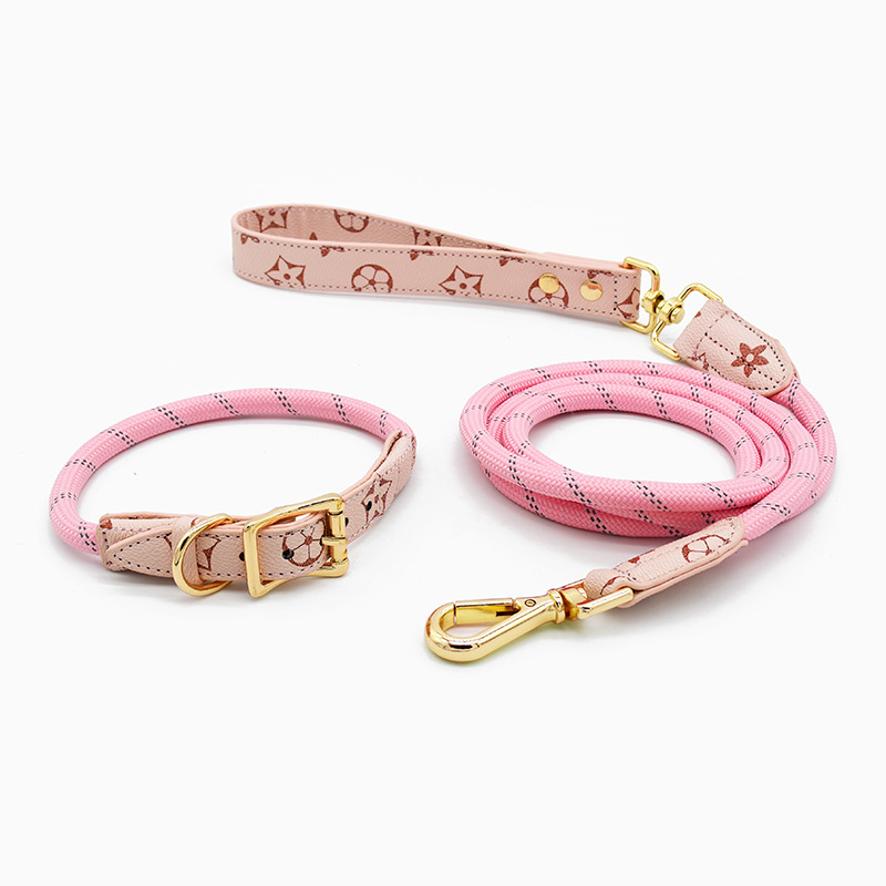 新款老花皮拉手反光尼龙宠物牵引绳狗狗项圈不勒脖中小型犬跨境