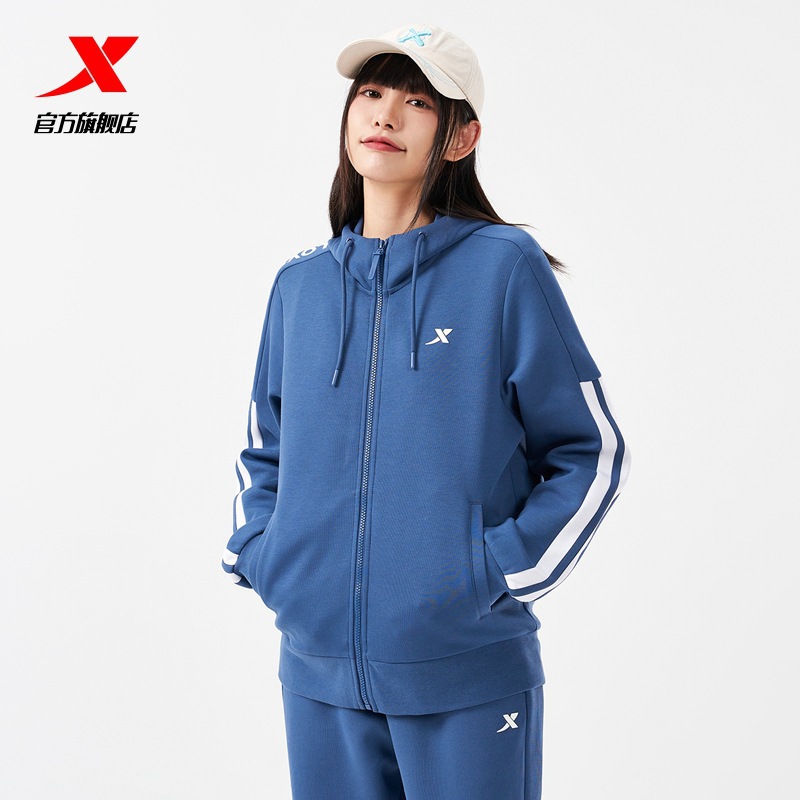 特步外套女2023秋季新款宽松连帽卫衣撞色针织开衫训练夹克运动服
