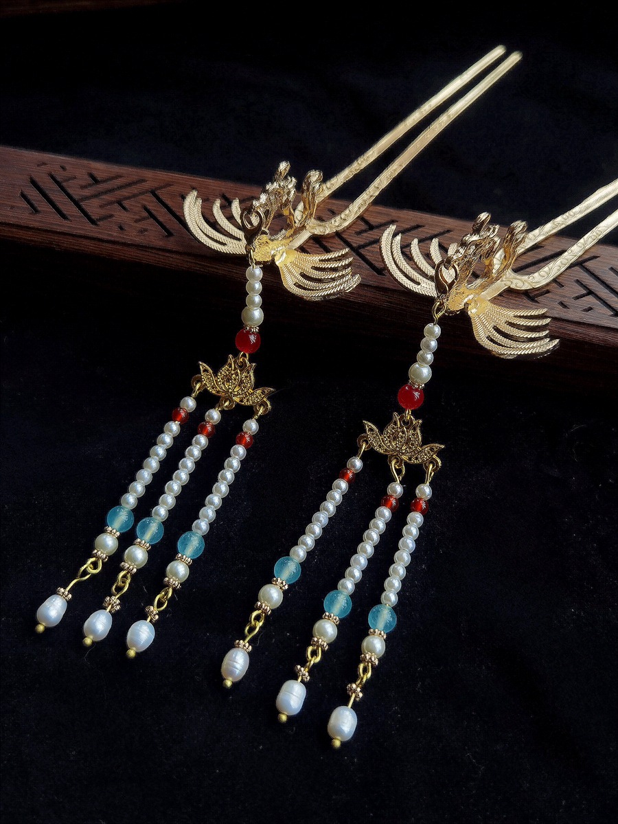 古风珍珠发簪汉服发钗明制唐风流苏宫廷金色偏凤簪凤钗礼品步摇