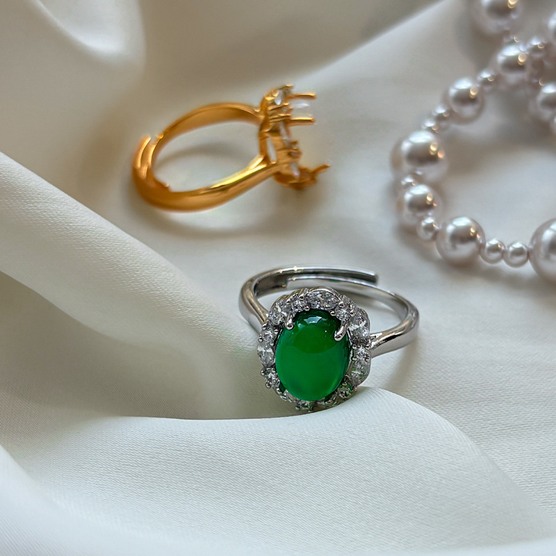 ring high-grade new chinese style index finger ring natural green agate white chalcedony ring female opening special-interest design