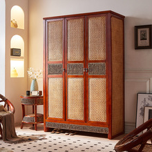 古典红木色三门衣柜中式家用卧室实木衣橱大容量榉木分区挂衣柜子