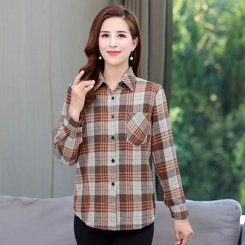 Women's Plaid Shirt Women's Spring and Autumn Clothing Middle-Aged and Elderly Women's Dress Cardigan Thin Outerwear Casual Long Sleeve Shirt Trendy Top
