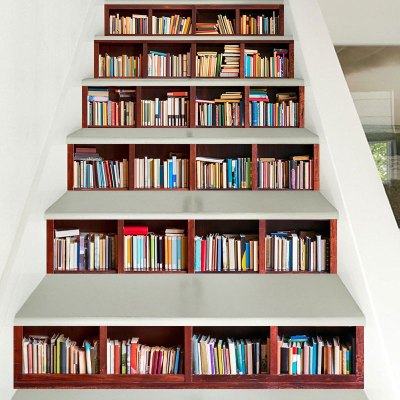 仿真书柜图书楼梯贴即剥即离可移除墙贴台阶楼梯踏步家居翻新装饰