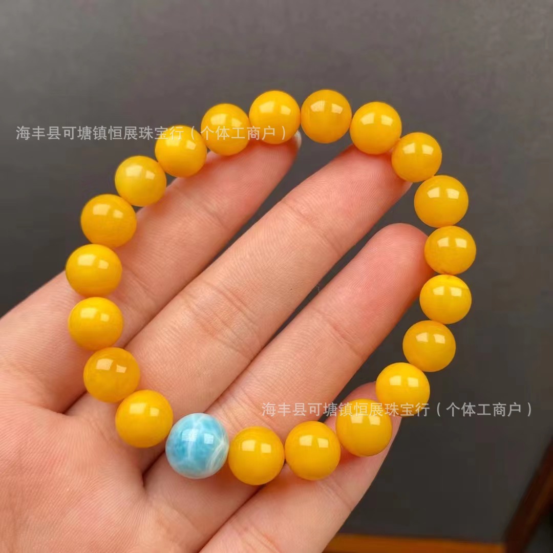 蜜蜡老蜡圆珠9mm手链单圈手串diy搭配海纹石配款简约个性小配饰-阿里