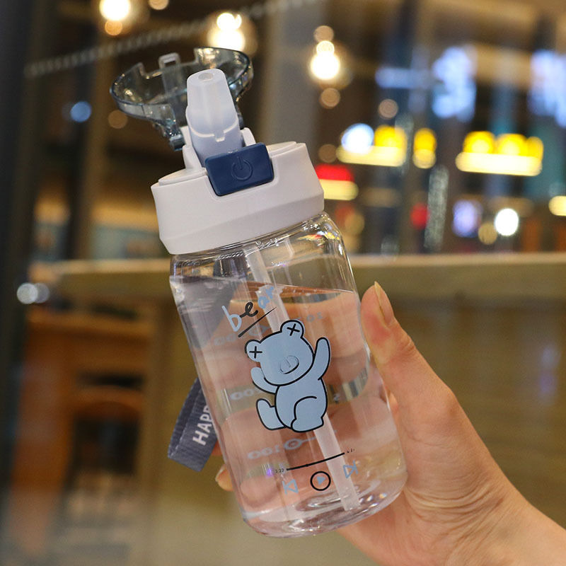 Water Bottle with Rope High-Looking Children's Cute Plastic Water Cup New Student Portable Cup Straw Cup