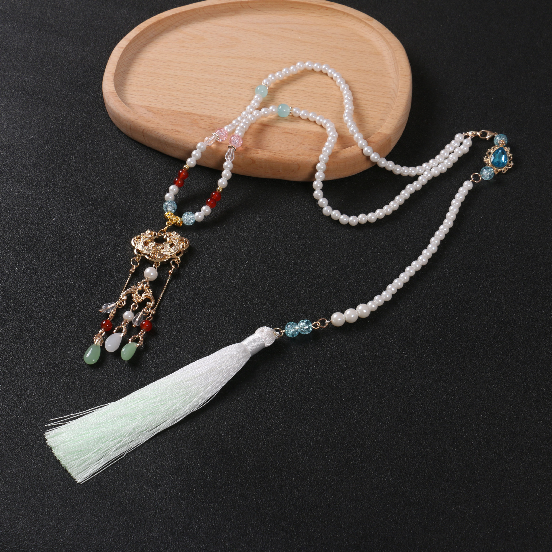 渐变长流苏明制唐风软璎珞古风汉服项链复古旗袍配饰古装珍珠吊坠