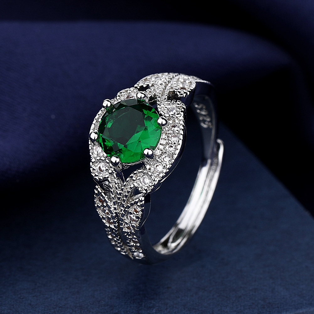 跨境wish创意女戒外贸亚马逊祖母绿钻戒圆形豪镶满钻欧美时尚戒指