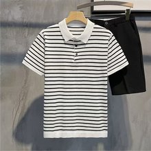 高品质短袖针织polo衫t恤男夏季潮流黑白条纹修身透气休闲上衣T恤