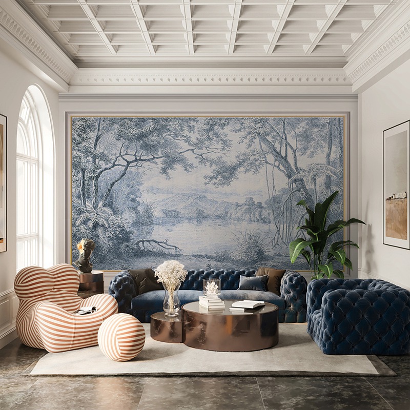 法式复古丛林装饰墙布风景别墅客厅沙发背景墙玄关装修3d手绘壁纸