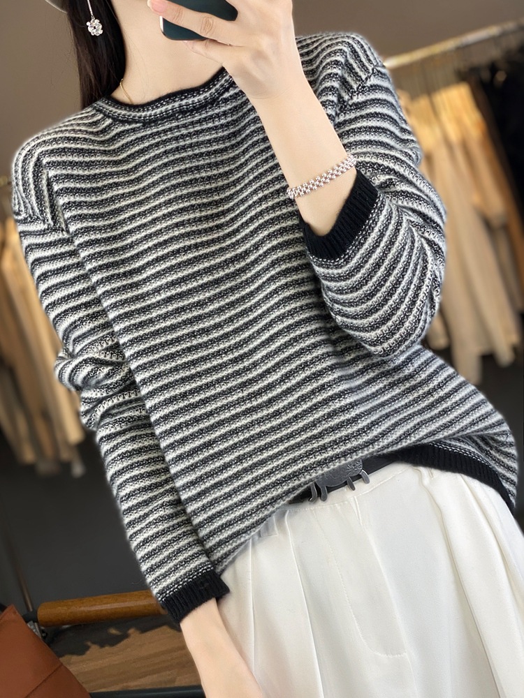 羊毛衫女100%纯羊毛秋冬条纹七针加厚双色提花宽松针织打底毛衣潮