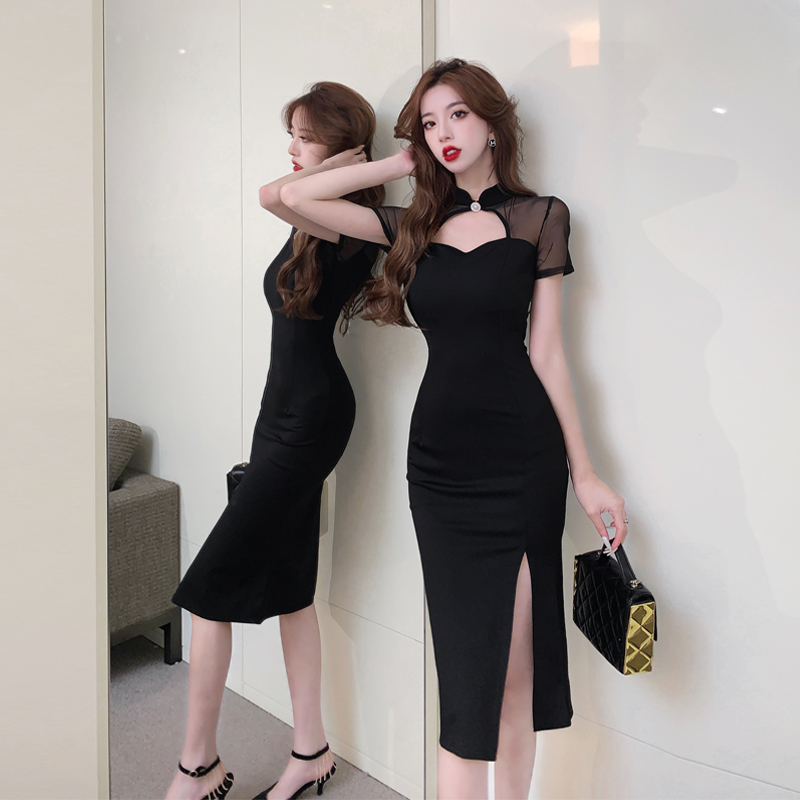 气质名媛宴会连衣裙长裙夏季短袖镂空黑色法式旗袍晚礼服修身其他