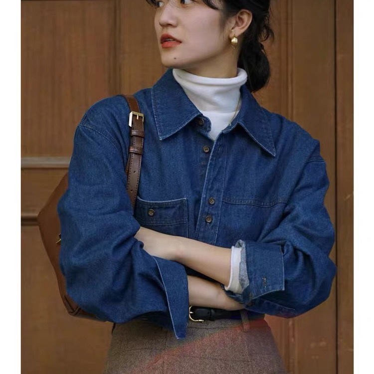 法式复古蓝色衬衣牛仔衬衫女春秋新款年设计感小众polo领上衣