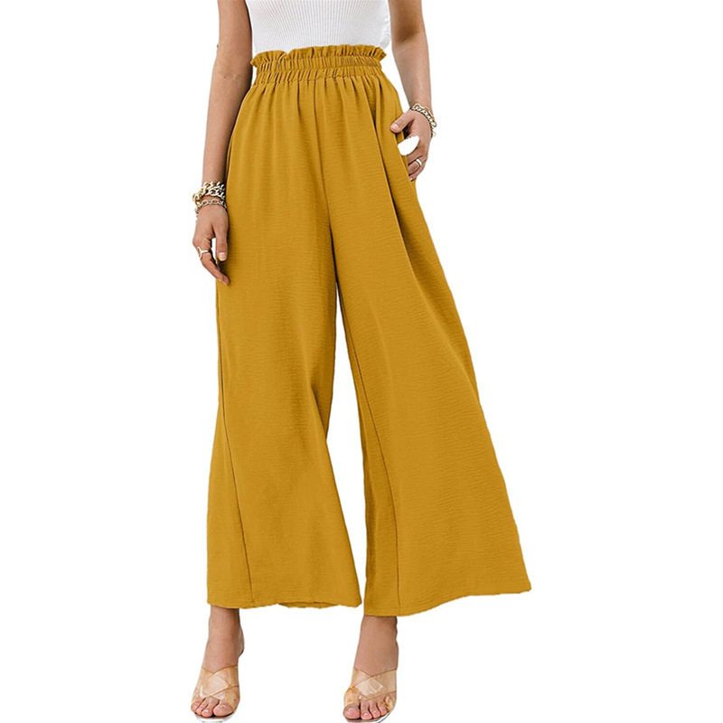 Spring and Summer New Ice Silk Wrinkle Fungus Europe and America Cross Border Cotton and Linen Solid Color Wide Leg High-Waisted Trousers Loose Casual Pants