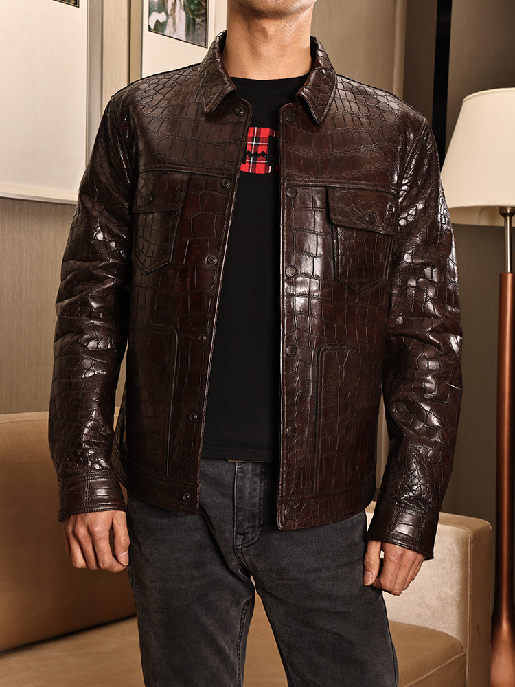 aresgator鳄鱼皮衣现货单排扣翻领休闲擦色直下摆鳄鱼真皮皮衣男