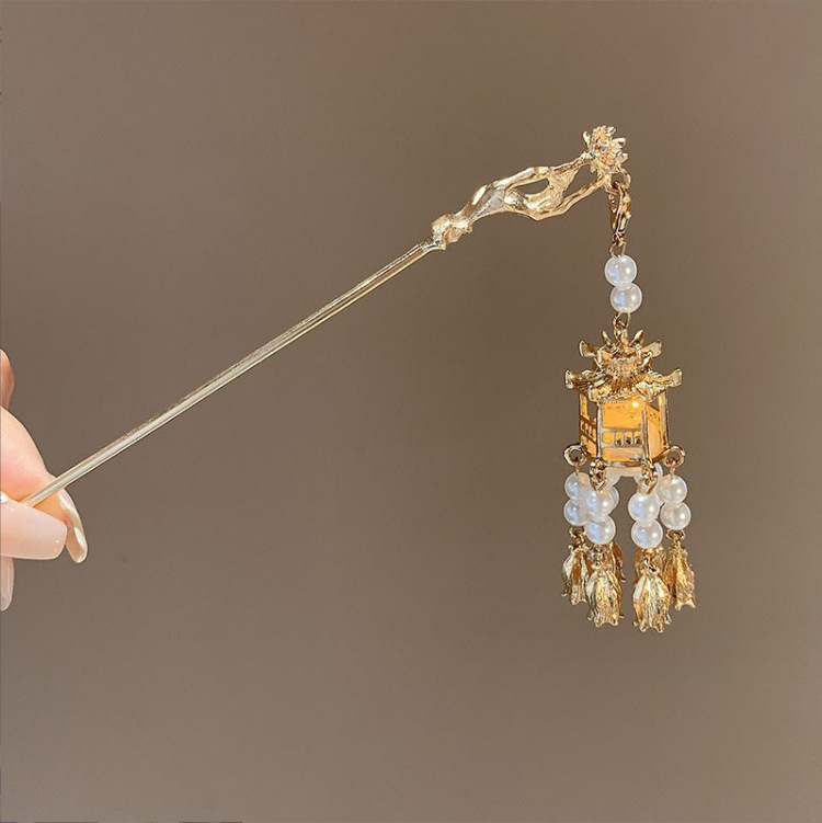 Antique Lantern GD Pearl Tassel Hairpin Palace Style Elegant Graceful Updo Hair Clasp Unique Design Hair Accessories