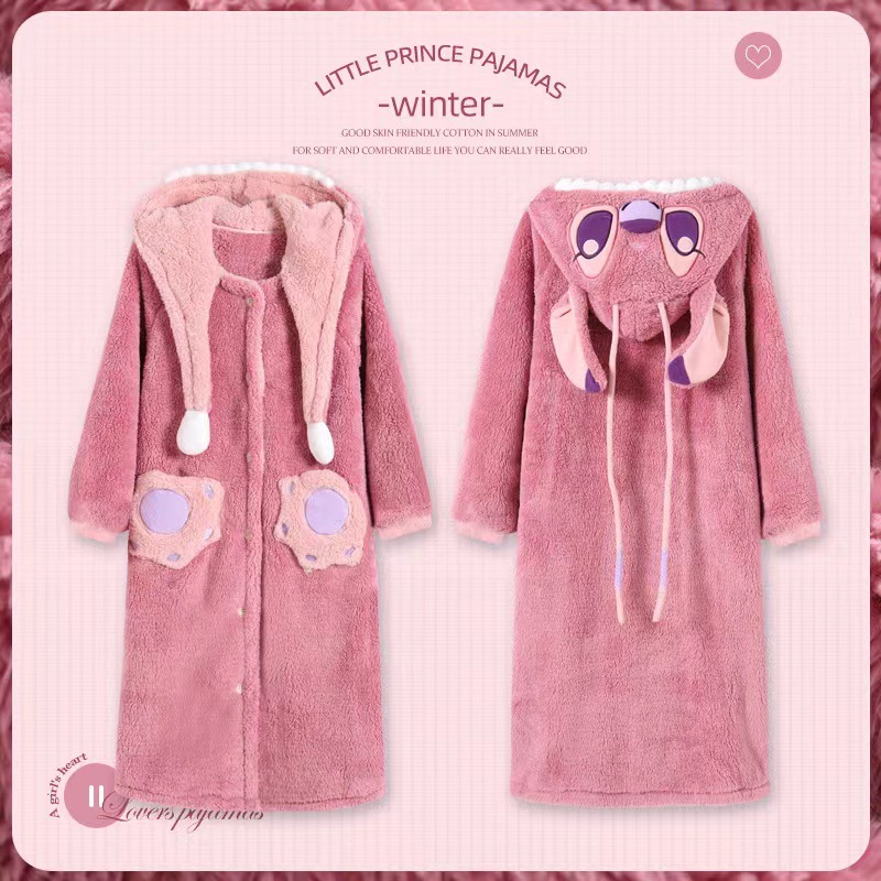 coral velvet night-robe women‘s winter long thickened velvet pajamas suit autumn and winter flannel home wear stitch