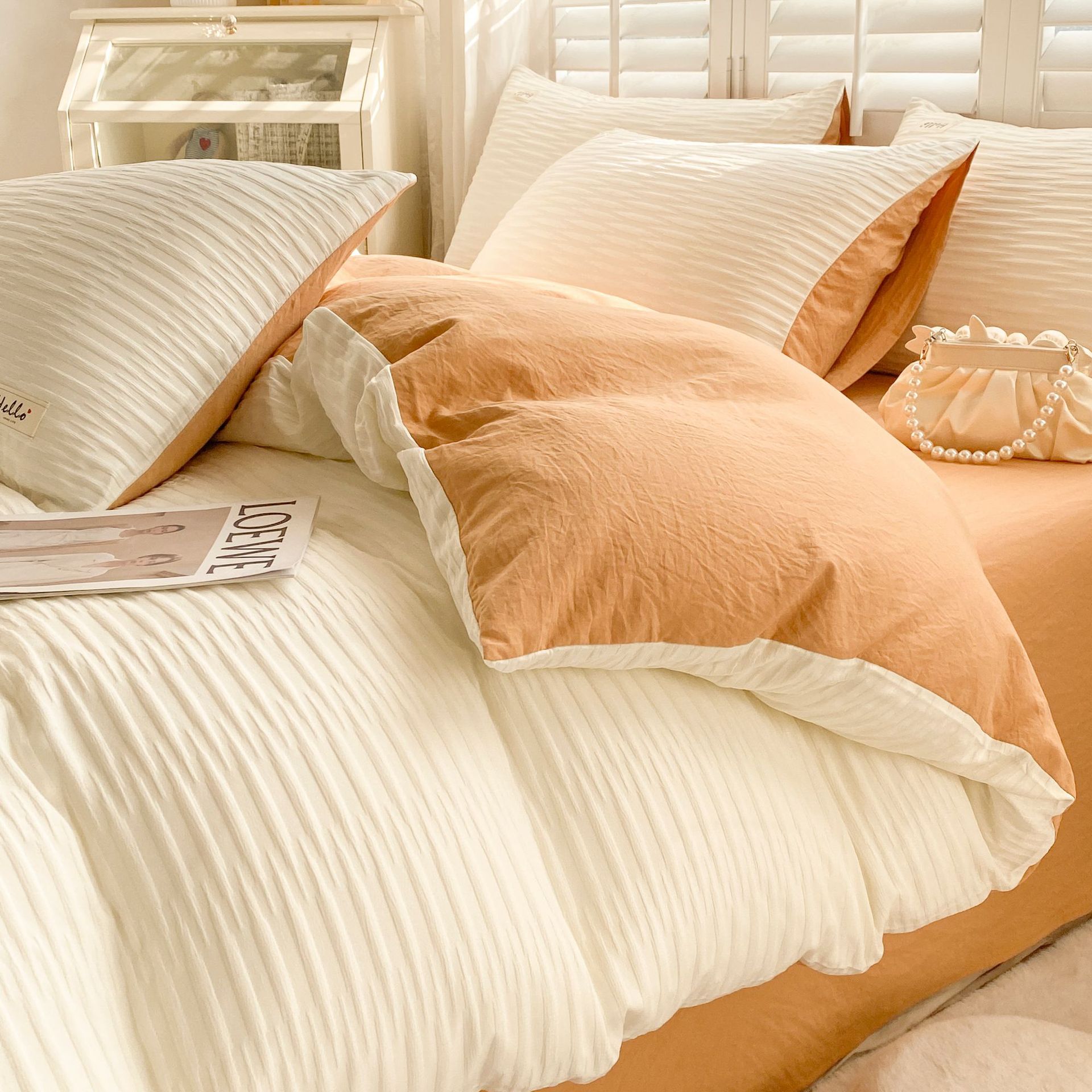 北欧风泡泡纱水洗棉纯色四件套床笠款被套宿舍三件套床上用品批发