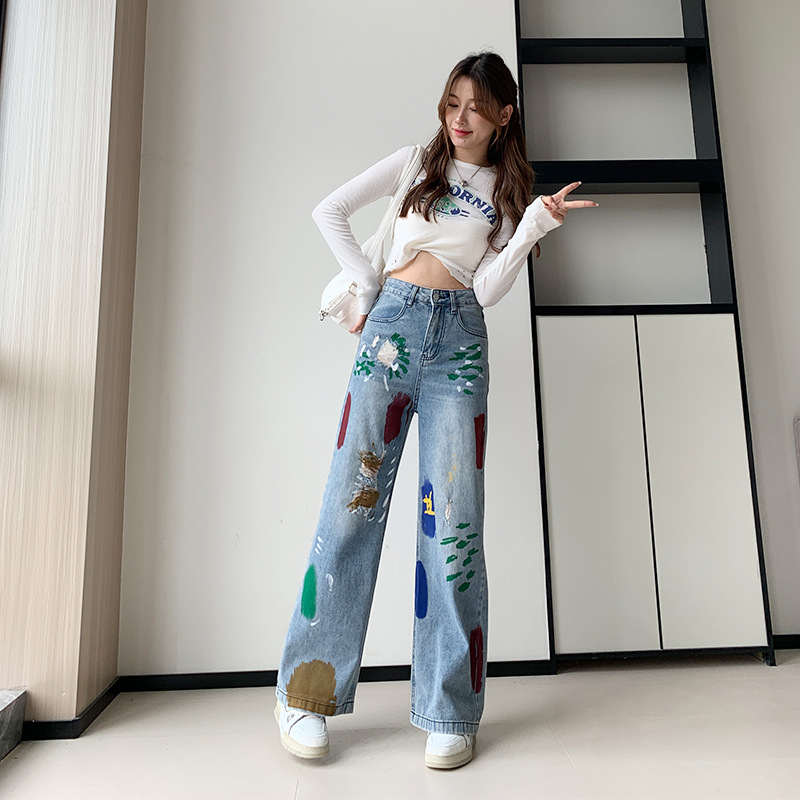 2023 Autumn Color Blooming Graffiti Spray Paint Ripped Jeans Women's High Waist Slimming and Straight Wide Leg Mop Pants