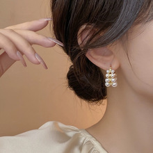 双排珍珠耳环圈圈法式轻奢小众设计高级感耳扣新款独特复古耳饰女