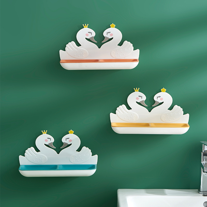 Creative Swan Soap Dish Plastic Punch-Free Girl Heart Cartoon Bathroom Wall-Mounted Soap Storage Rack 0652