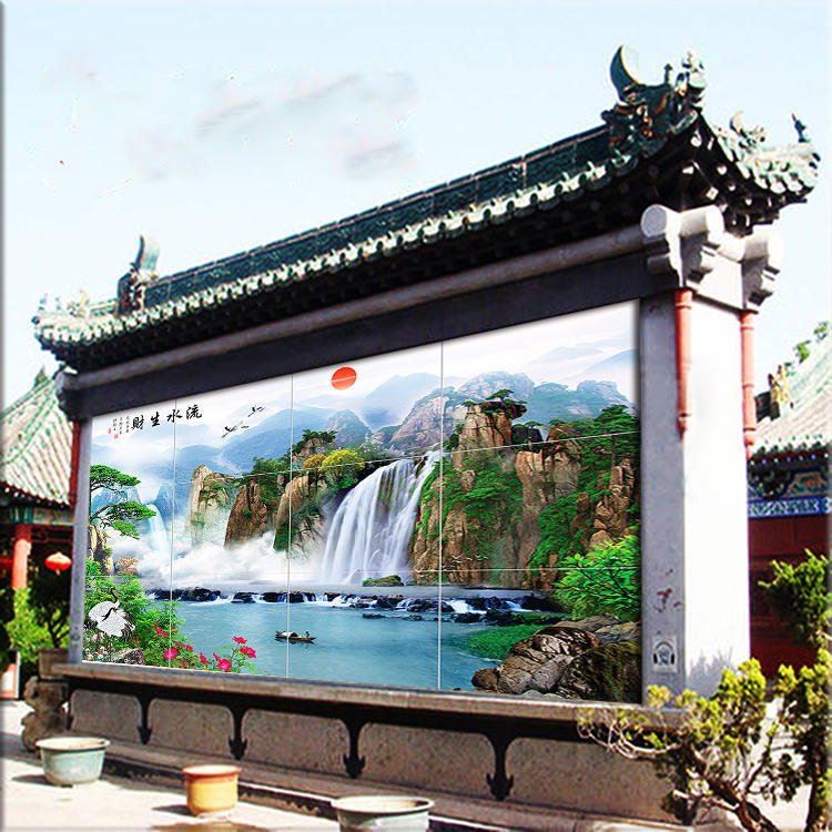 户外迎门照壁影壁庭院影山水画背墙微晶石山水福字万里长城迎客松