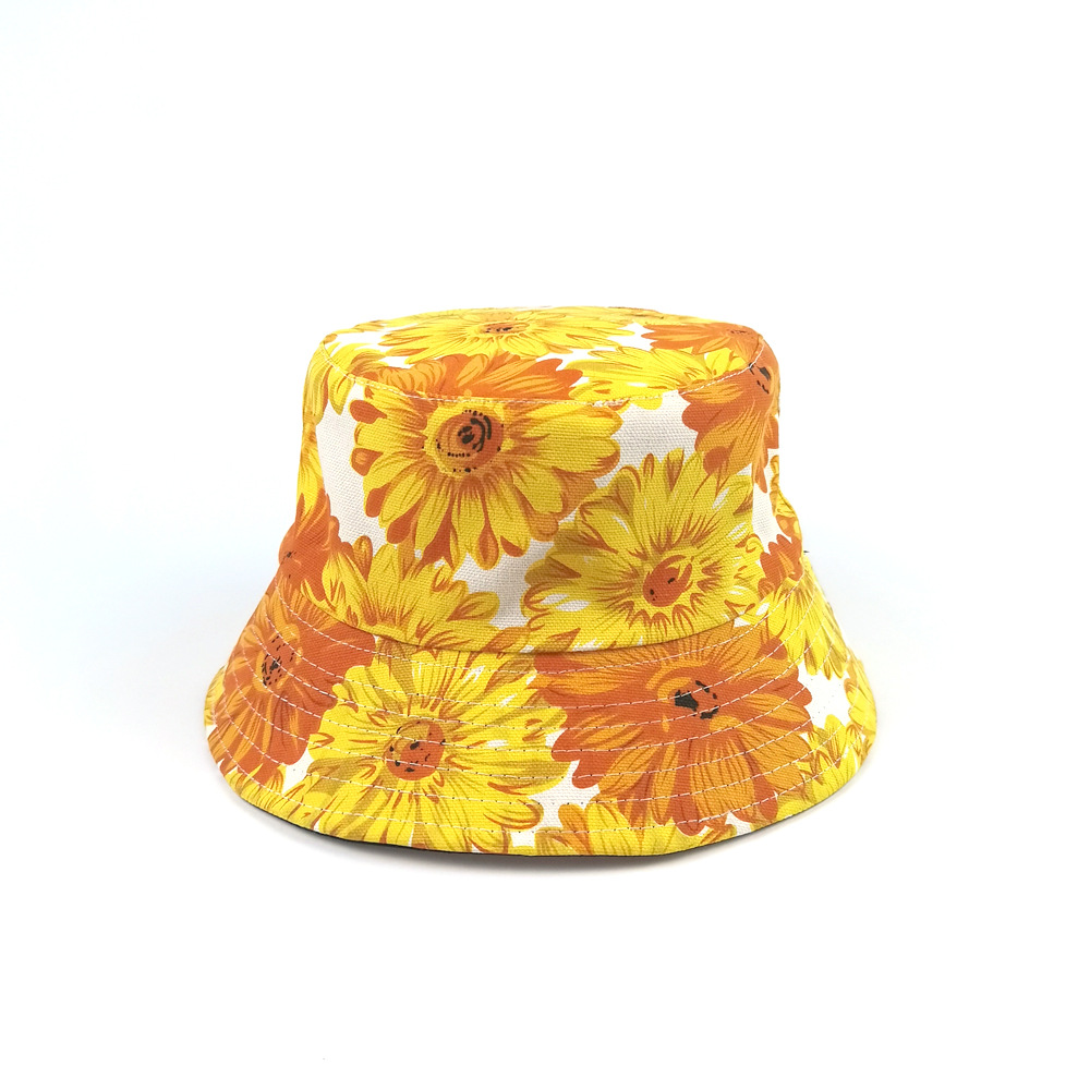 新款向日葵图案渔夫帽子 双面戴夏季防晒欧美风潮流原创盆帽现货