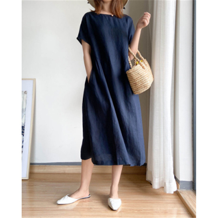Cotton and Linen Solid Color Large Size Dress for Women Summer 2022 New Loose Slimming Plump Girls Japanese Mid-Length Dress for Women Women Clothes