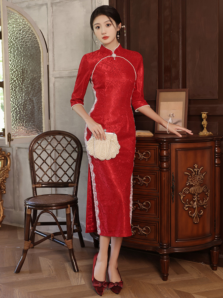 红眸2023春秋新款复合蕾丝新娘敬酒旗袍长款改良红色旗袍