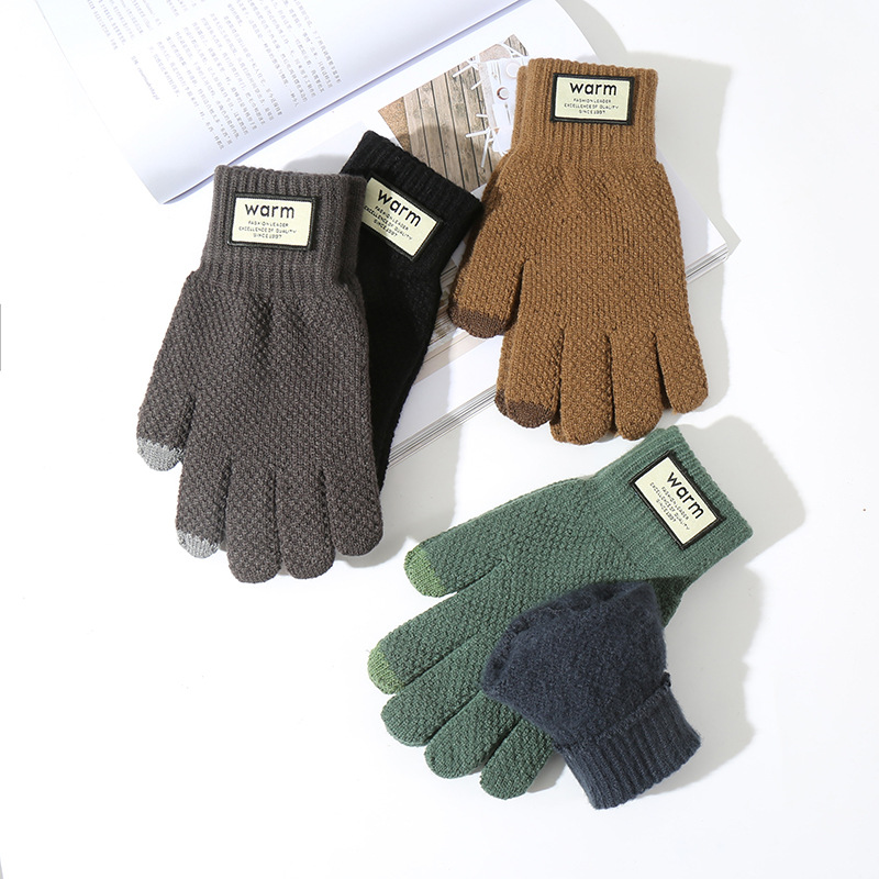 Knitting Wool Gloves Cycling Men's Fleece Lined Padded Warm Keeping Cold Winter Windproof Touch Screen Knitted Gloves Wholesale