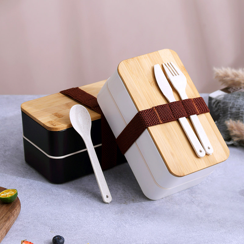 Japanese-Style Bamboo Wood Cover Double-Layer Plastic Lunch Box Microwaveable Portable Bento Box Set Student Office Worker Lunch Box