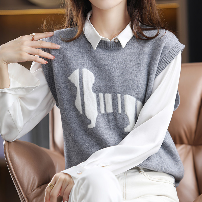 新款羊绒无袖马甲女圆领毛衣欧货宽松小狗提花羊毛减龄坎肩背心