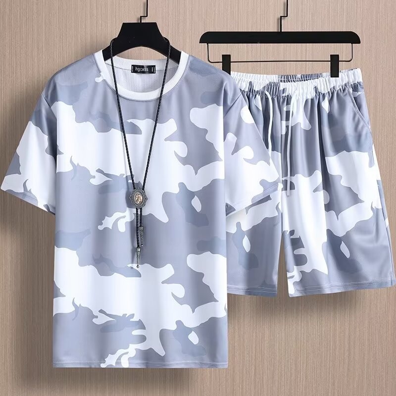 Factory Wholesale Summer Camouflage Sports Suit Men's Breathable Quick-Drying Sportswear Men's Short-Sleeved T-shirt Casual Two-Piece Set