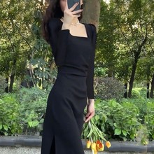 连体裙2023秋季新款法式赫本风感显瘦气质女神范开叉中长连衣裙
